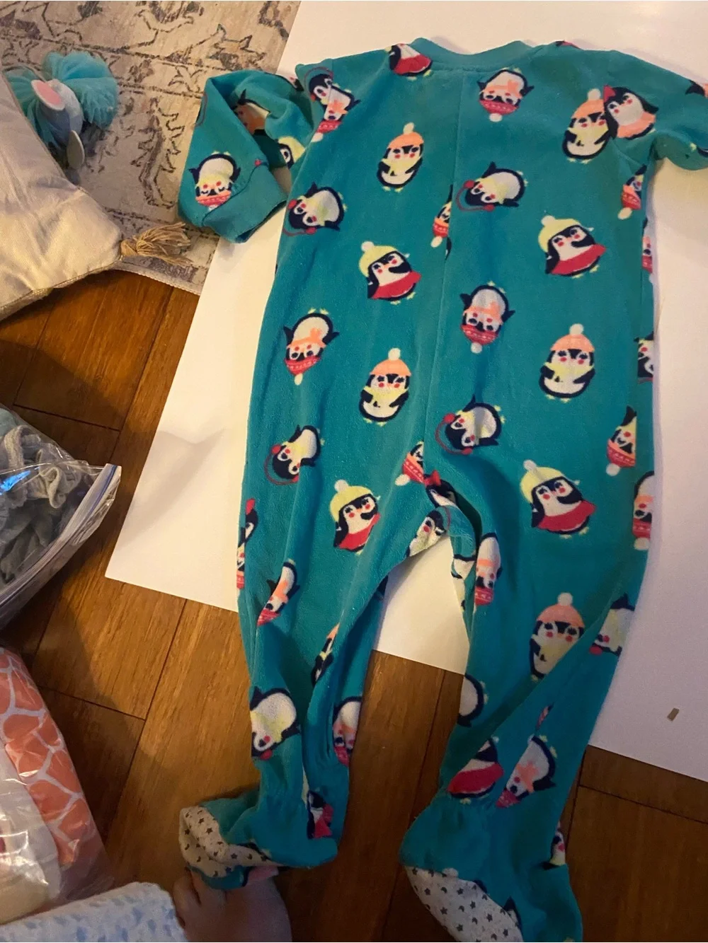 Kids Penguin Print Footed One-Piece Pajamas - 1 Gray/1 Green with penguins.